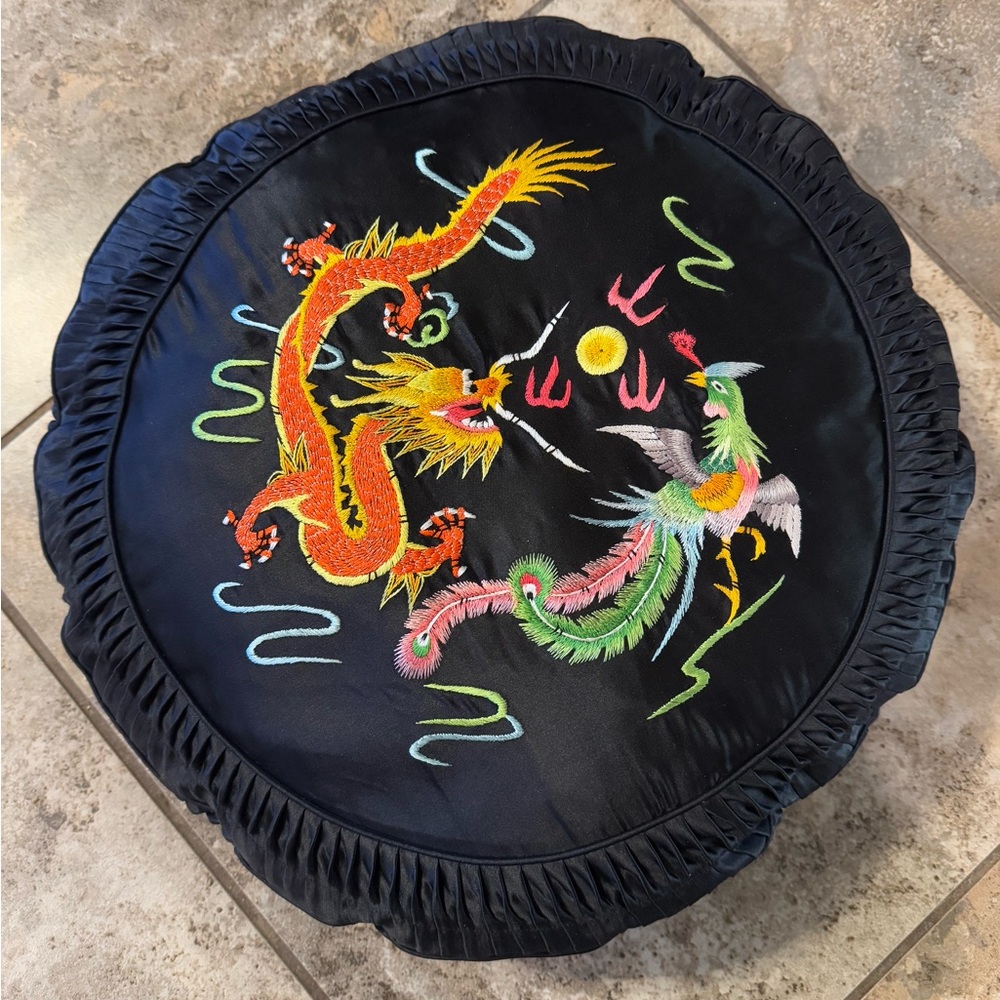 Golden Bee 1980s Vintage Chinese Silk Pillow Black with Chinese Dragons